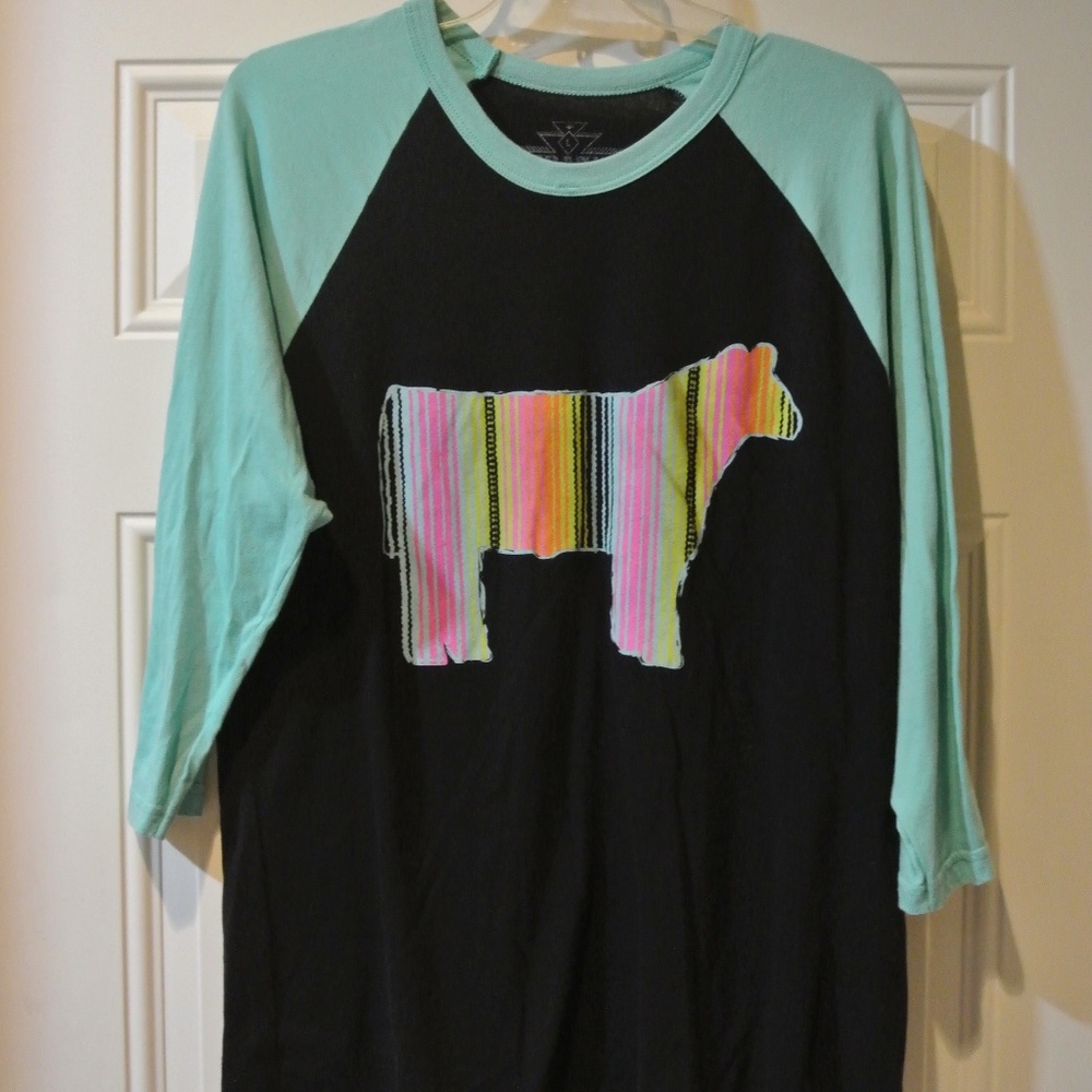 WOMENS LARGE CRAZY TRAIN 3/4 SLEEVE SERAPE STEER SHIRT
